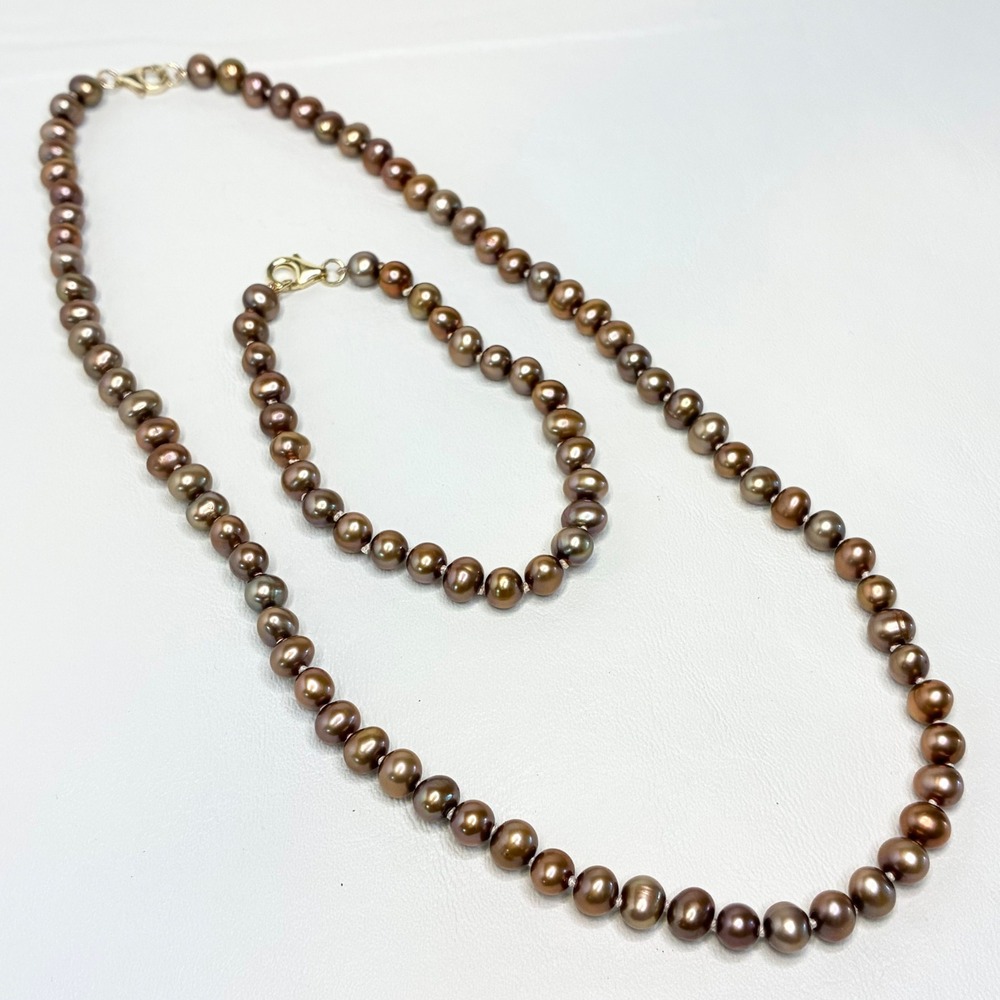 Vintage Pearl Necklace Bracelet Set Chocolate Brown Sterling Silver Ross Simmons